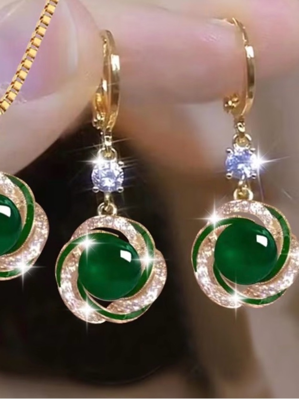 Gold-Tone Drop Earrings with Green Stone and Crystal Accent